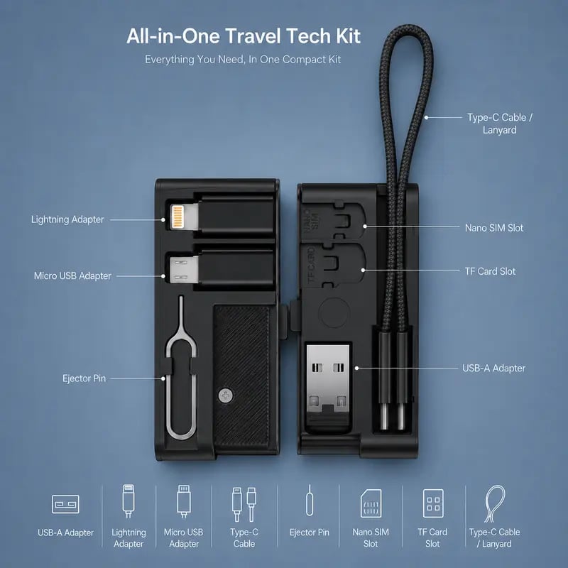 🧳 Basemo Pocket Tech Companion – All-in-One Travel Tech Kit with Built-In USB-C Cable, Lightning & Micro Adapters, Fast Charging, 480Mbps Data Sync, SIM/TF Card Slots & Phone Stand for EDC Travel & Office