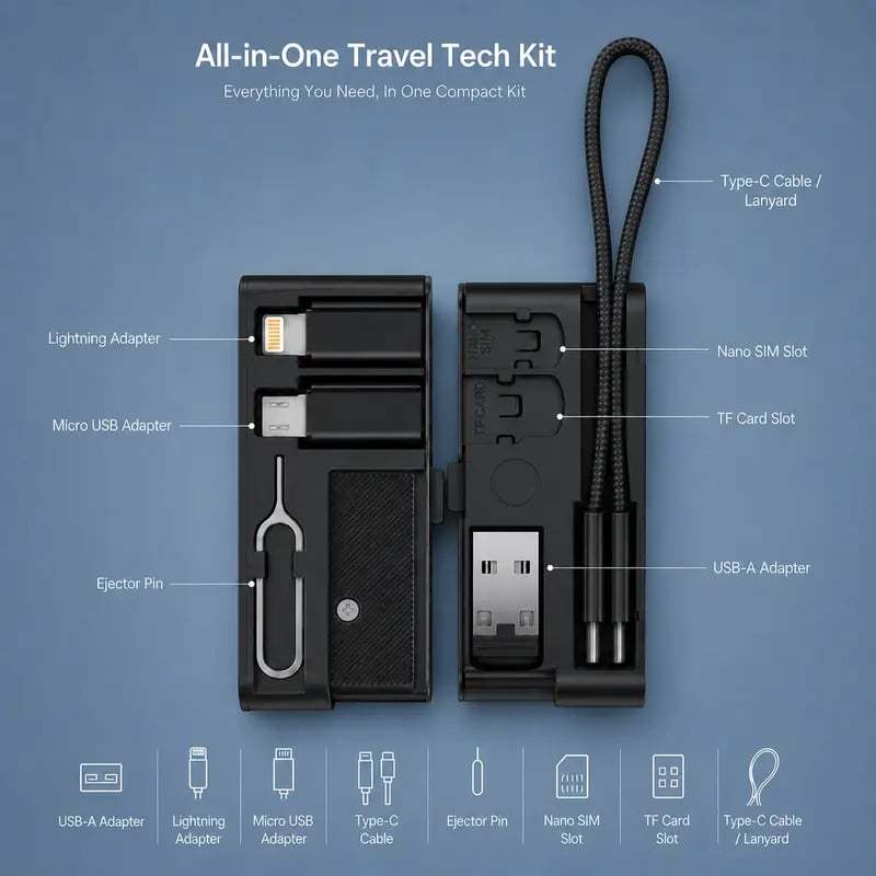 🧳 Basemo Pocket Tech Companion – All-in-One Travel Tech Kit with Built-In USB-C Cable, Lightning & Micro Adapters, Fast Charging, 480Mbps Data Sync, SIM/TF Card Slots & Phone Stand for EDC Travel & Office