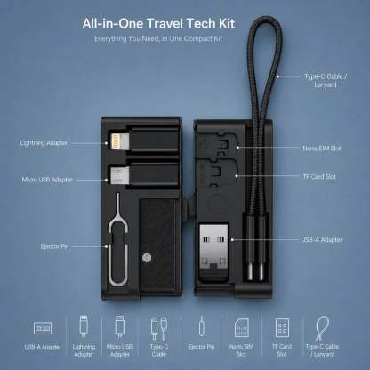 🧳 Basemo Pocket Tech Companion – All-in-One Travel Tech Kit with Built-In USB-C Cable, Lightning & Micro Adapters, Fast Charging, 480Mbps Data Sync, SIM/TF Card Slots & Phone Stand for EDC Travel & Office