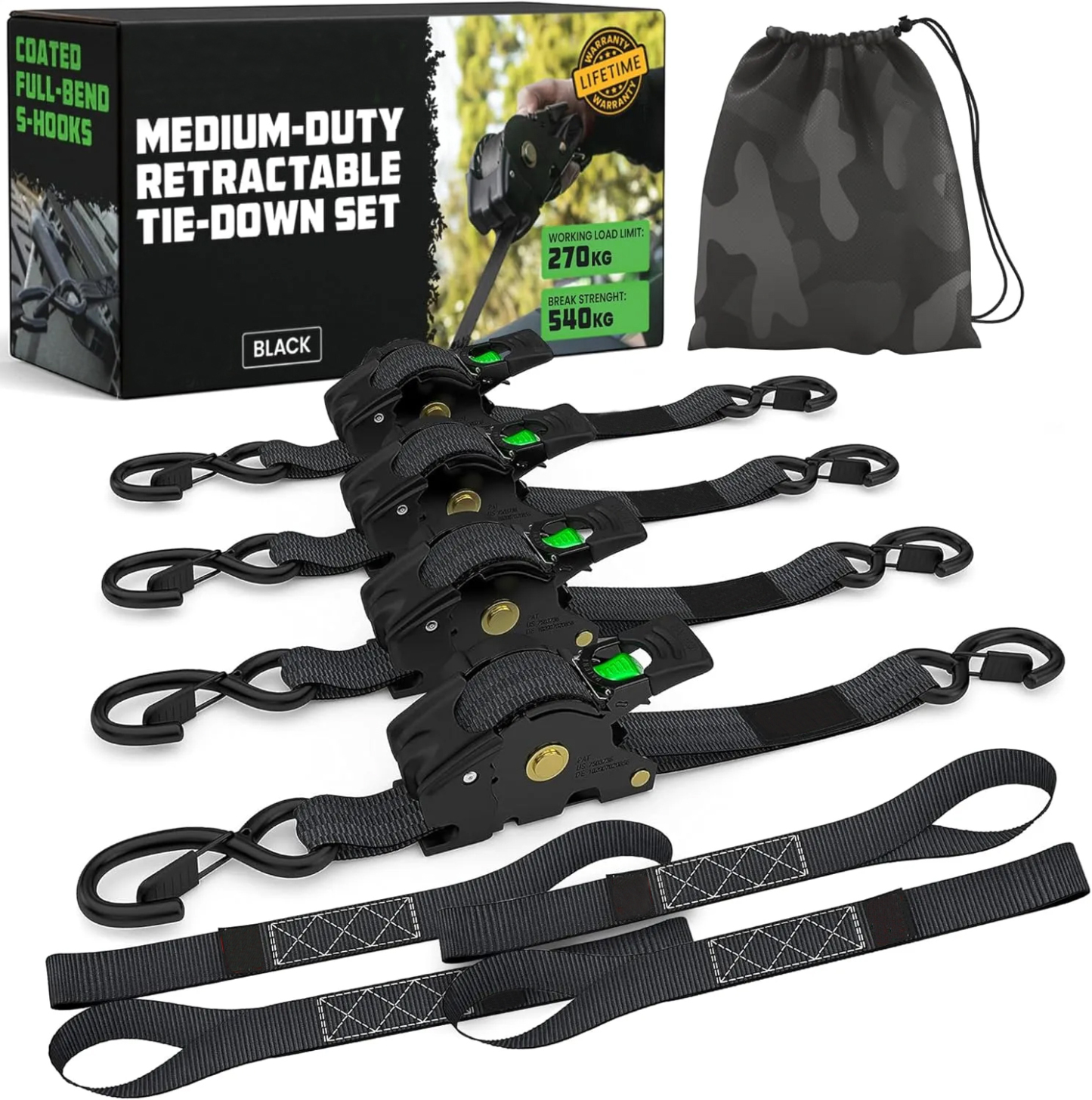 🏆 50K+ SOLD! – Almost Gone-⚡2025 Heavy Duty SelfRetracting Tie Down Straps for Truck, CargoTrailer