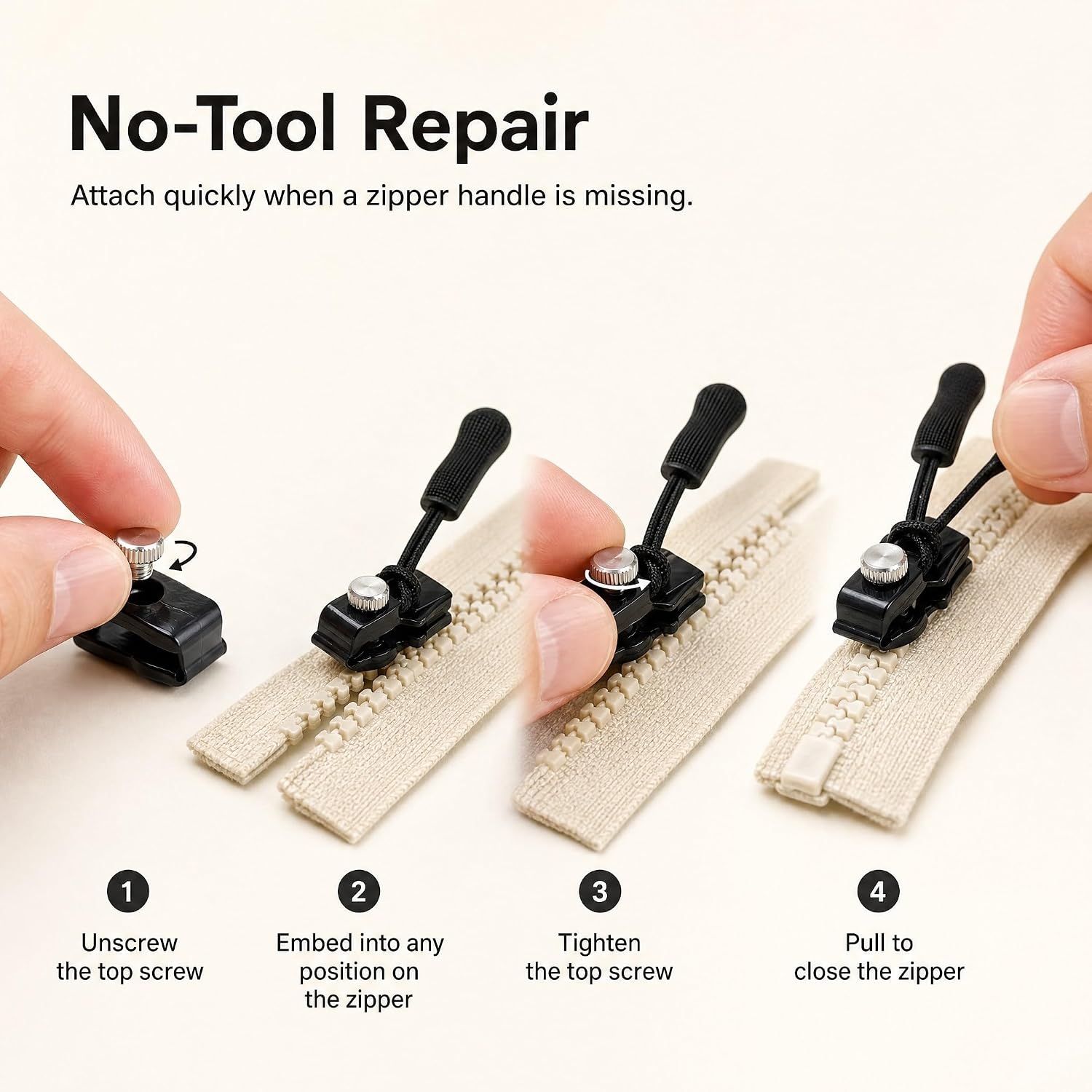 Four-step zipper slider installation demonstration