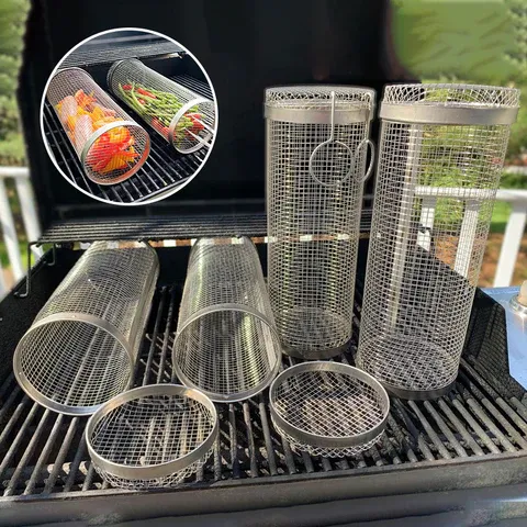 Stainless steel rolling grill basket product shapes and open mesh construction
