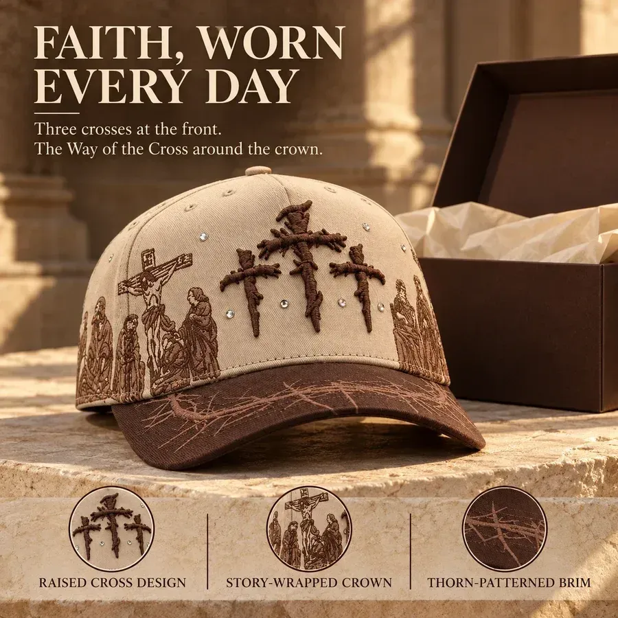 Viacrucis cream and brown cap with three raised crosses and illustrated crown