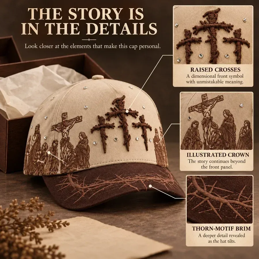 Close view of raised crosses, illustrated crown and thorn-patterned brim