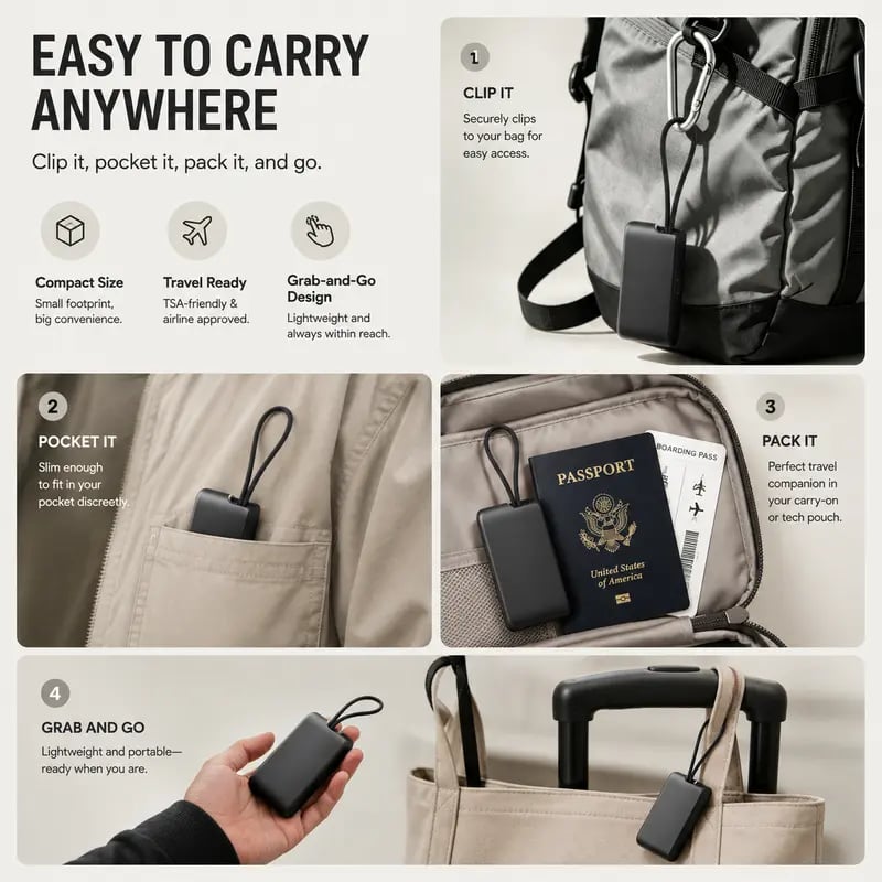 🧳 Basemo Pocket Tech Companion – All-in-One Travel Tech Kit with Built-In USB-C Cable, Lightning & Micro Adapters, Fast Charging, 480Mbps Data Sync, SIM/TF Card Slots & Phone Stand for EDC Travel & Office