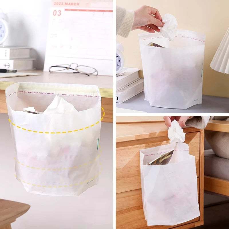 Open stand-up self adhesive cleaning bag in use