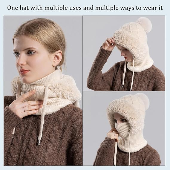 Three different ways to wear the winter knit hood as a neck warmer, open-face hood and face-covering hood