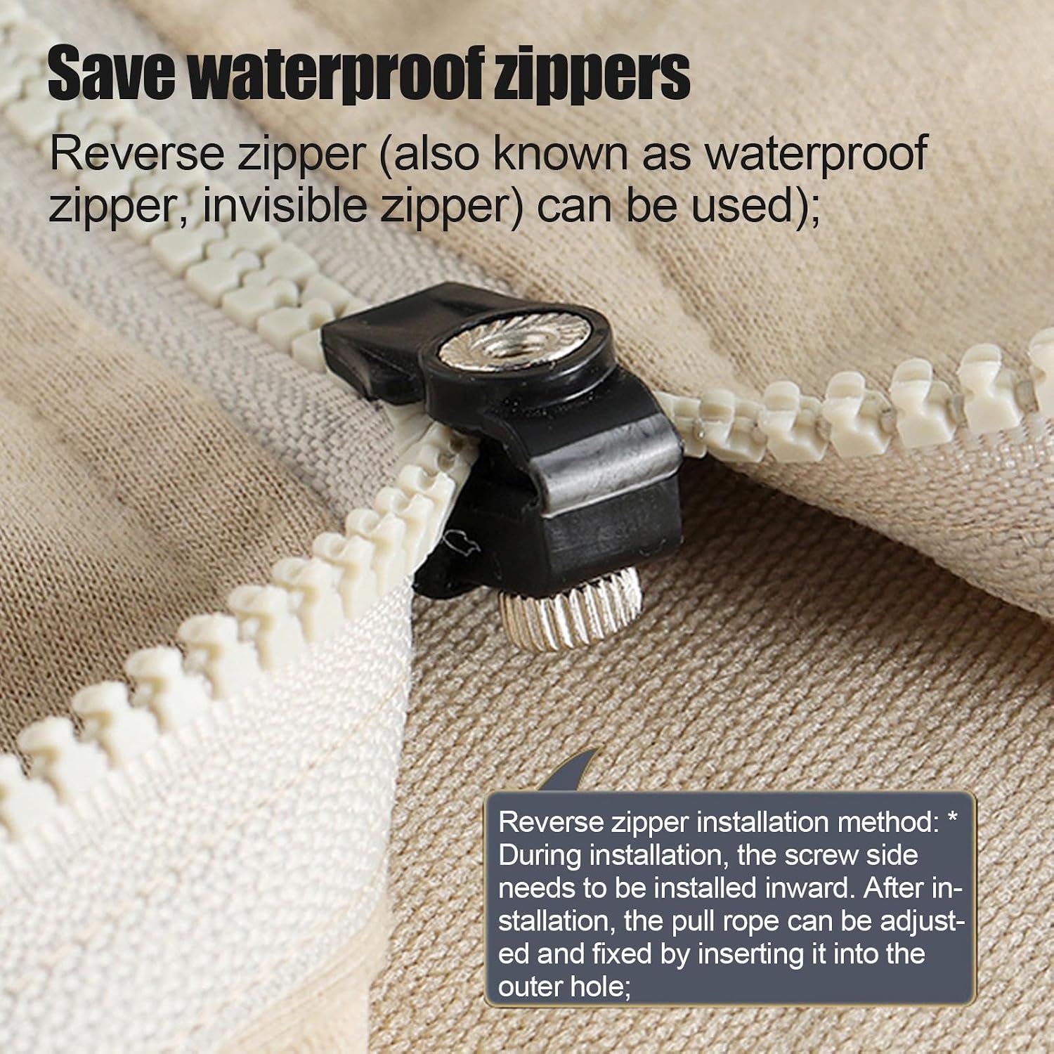 Replacement zipper slider shown on a reverse zipper