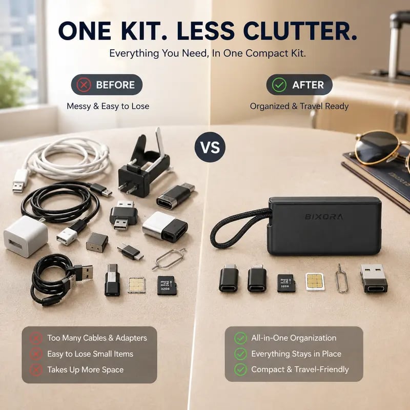 🧳 Basemo Pocket Tech Companion – All-in-One Travel Tech Kit with Built-In USB-C Cable, Lightning & Micro Adapters, Fast Charging, 480Mbps Data Sync, SIM/TF Card Slots & Phone Stand for EDC Travel & Office