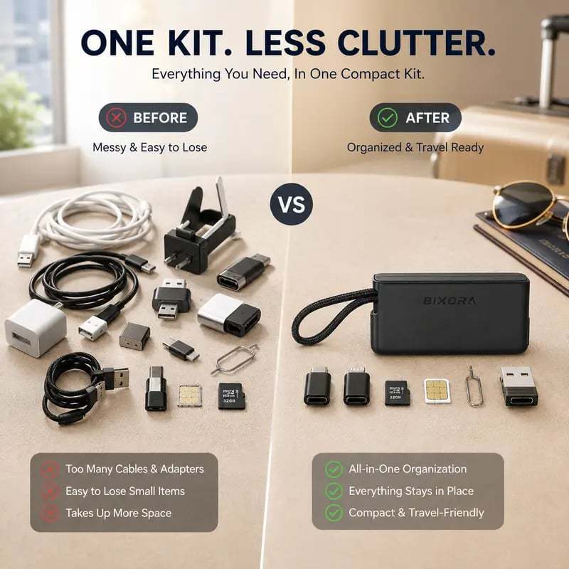 🧳 Basemo Pocket Tech Companion – All-in-One Travel Tech Kit with Built-In USB-C Cable, Lightning & Micro Adapters, Fast Charging, 480Mbps Data Sync, SIM/TF Card Slots & Phone Stand for EDC Travel & Office