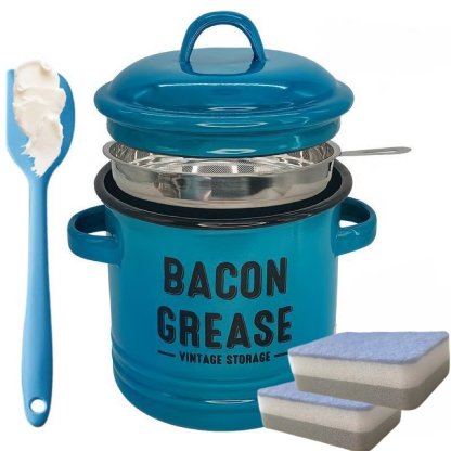 Bacon grease 6pc set 46 oz bacon grease container with strainer and food-grade silicone spatula-Two sponges