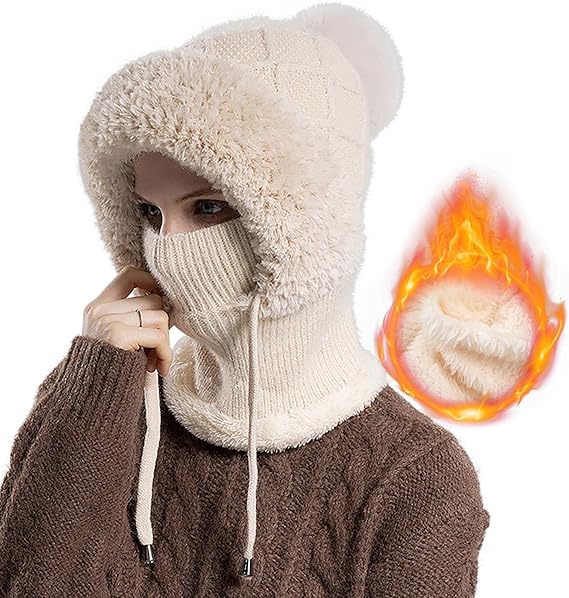 Beige plush winter beanie hood showing warm face and neck coverage