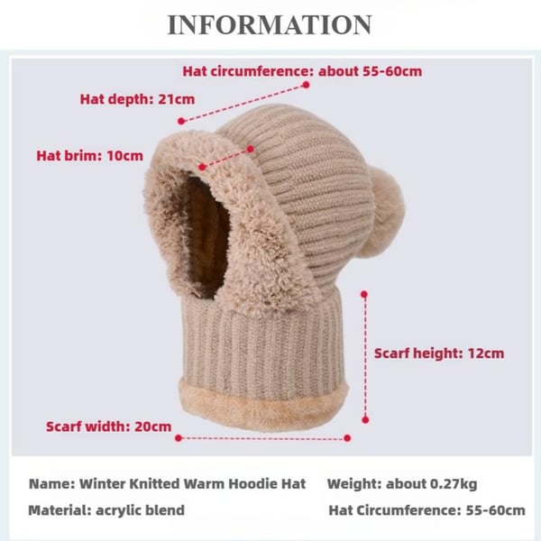 Size guide showing winter knitted hood circumference 55 to 60 cm, hat depth 21 cm, brim 10 cm and neck section measurements