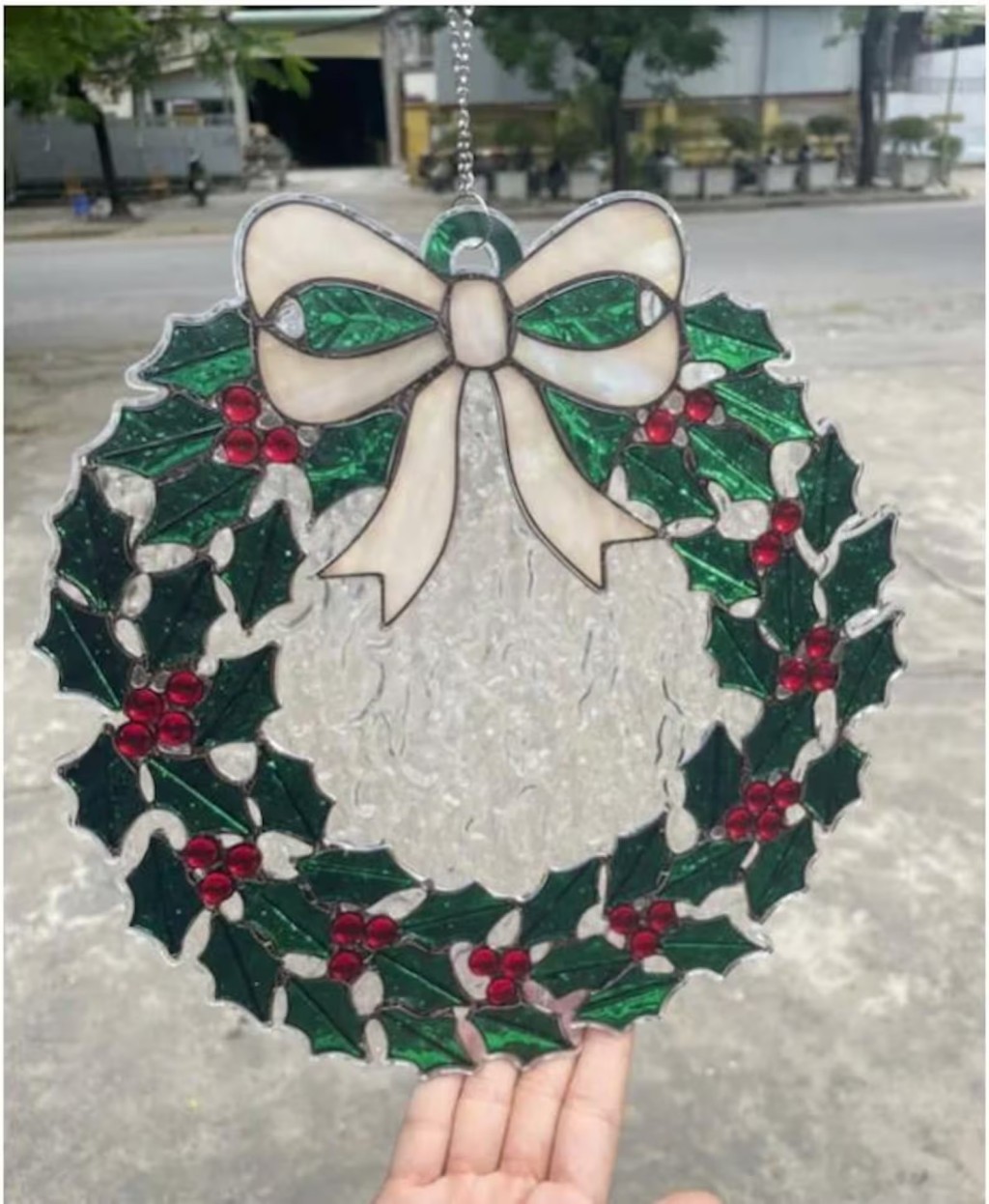 Handcrafted Holly Stained-Glass Wreath Ornament 🎀✨🌿