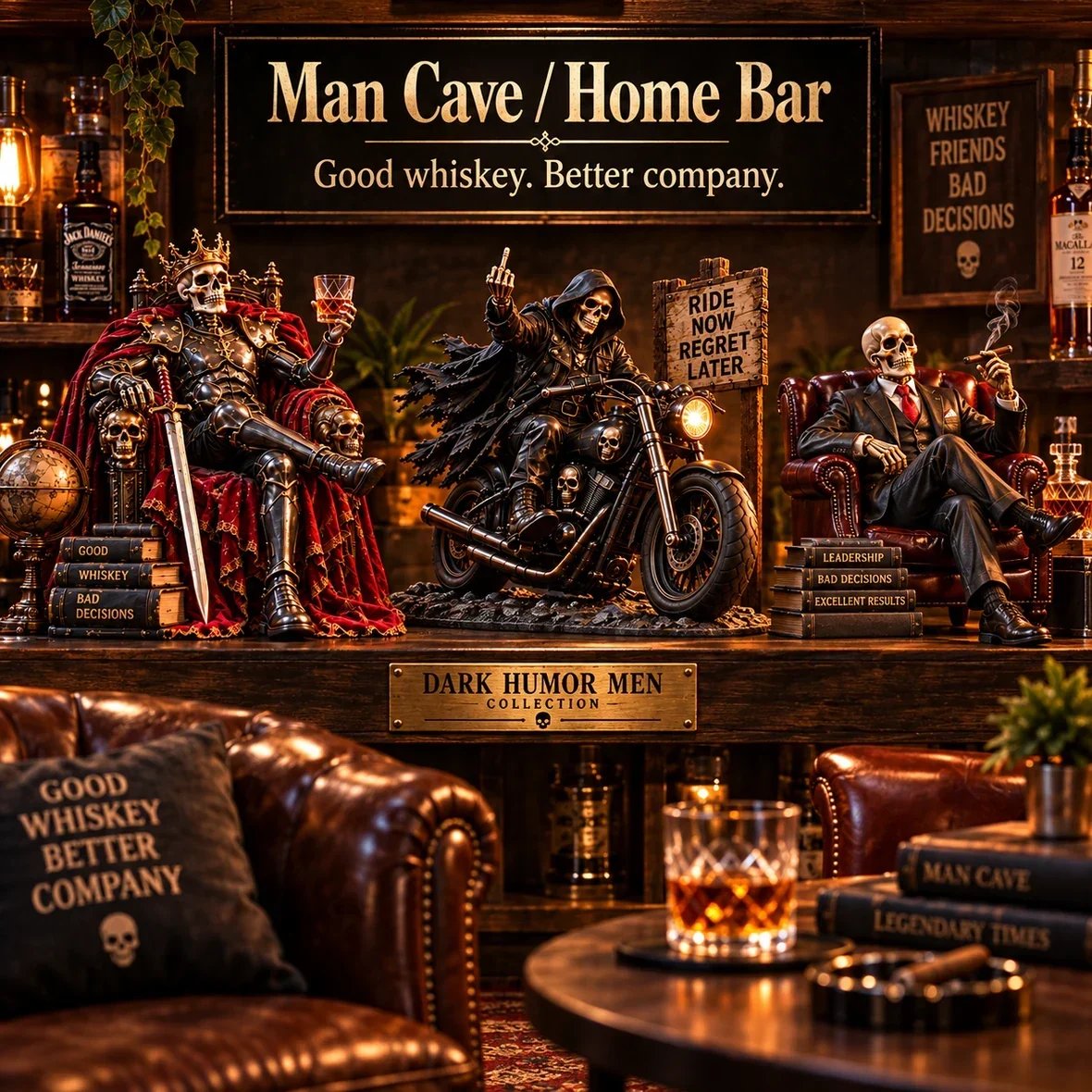 Dark humor skeleton collectibles in a man cave and home bar setting