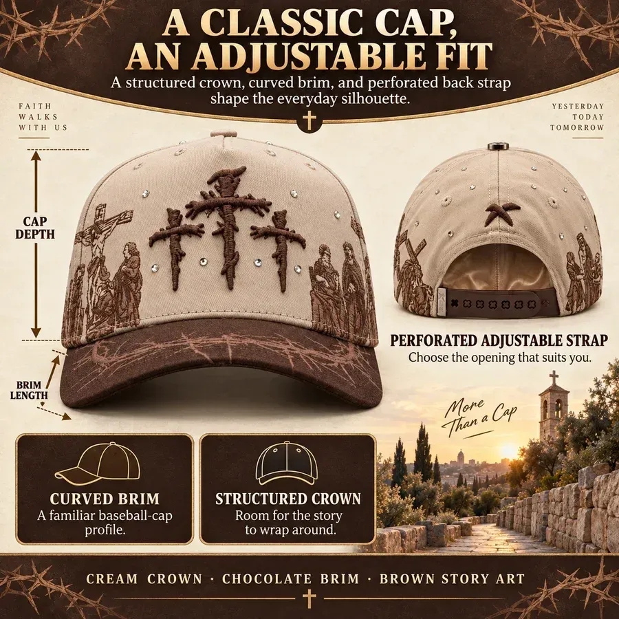 Cap information graphic showing the curved brim, structured crown, adjustable back strap and cream and brown color placement