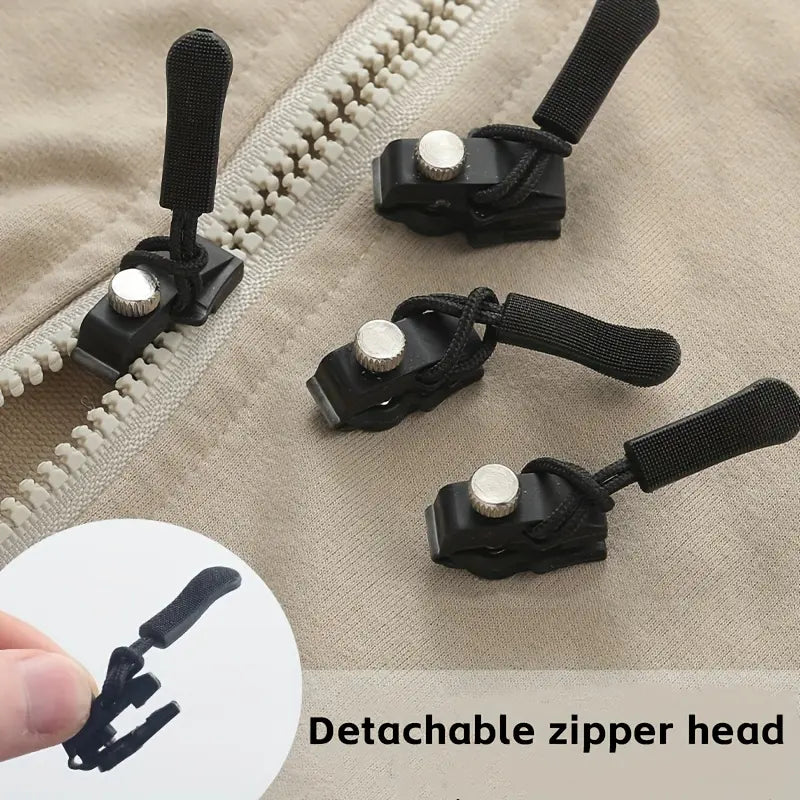 Detachable replacement zipper sliders shown on zipper fabric