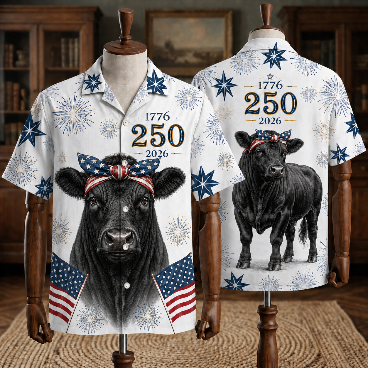 Black Angus 4th of July Hawaiian Shirt, USA 250 Anniversary 1776-2026 Patriotic Cattle Rancher Aloha Shirt, Gift for Farmer Dad