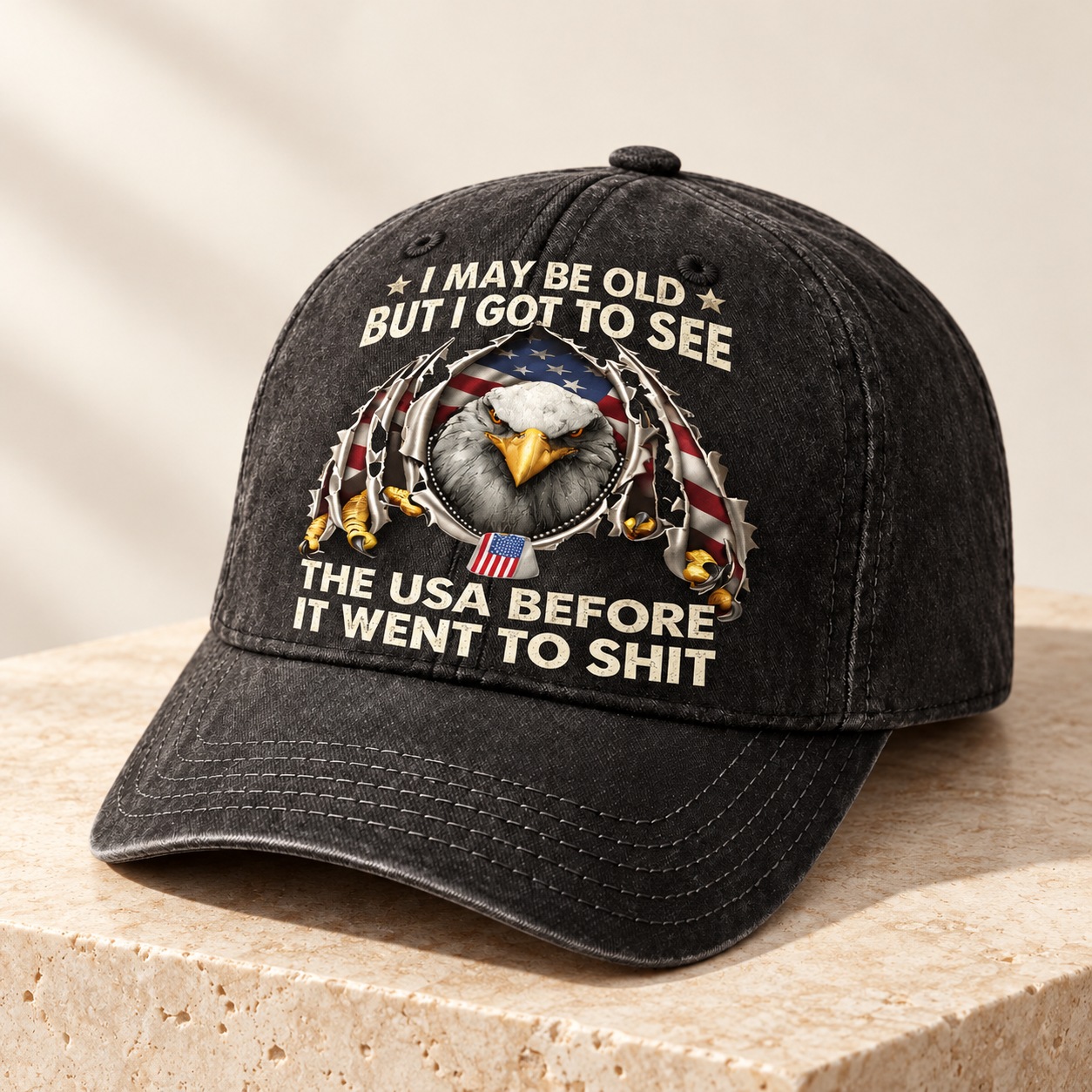 AI-styled black cap on a warm ivory studio plinth