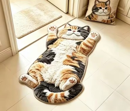 Calico cat-shaped printed rug in an indoor setting
