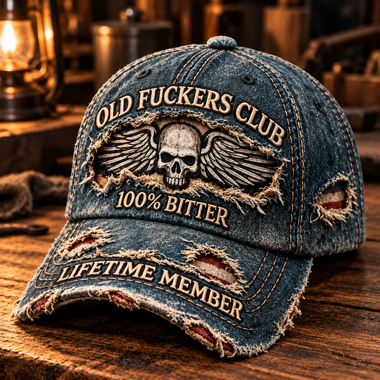 Dark blue distressed Old Fuckers Club cap with winged skull, 100% Bitter embroidery and Lifetime Member lettering on the brim