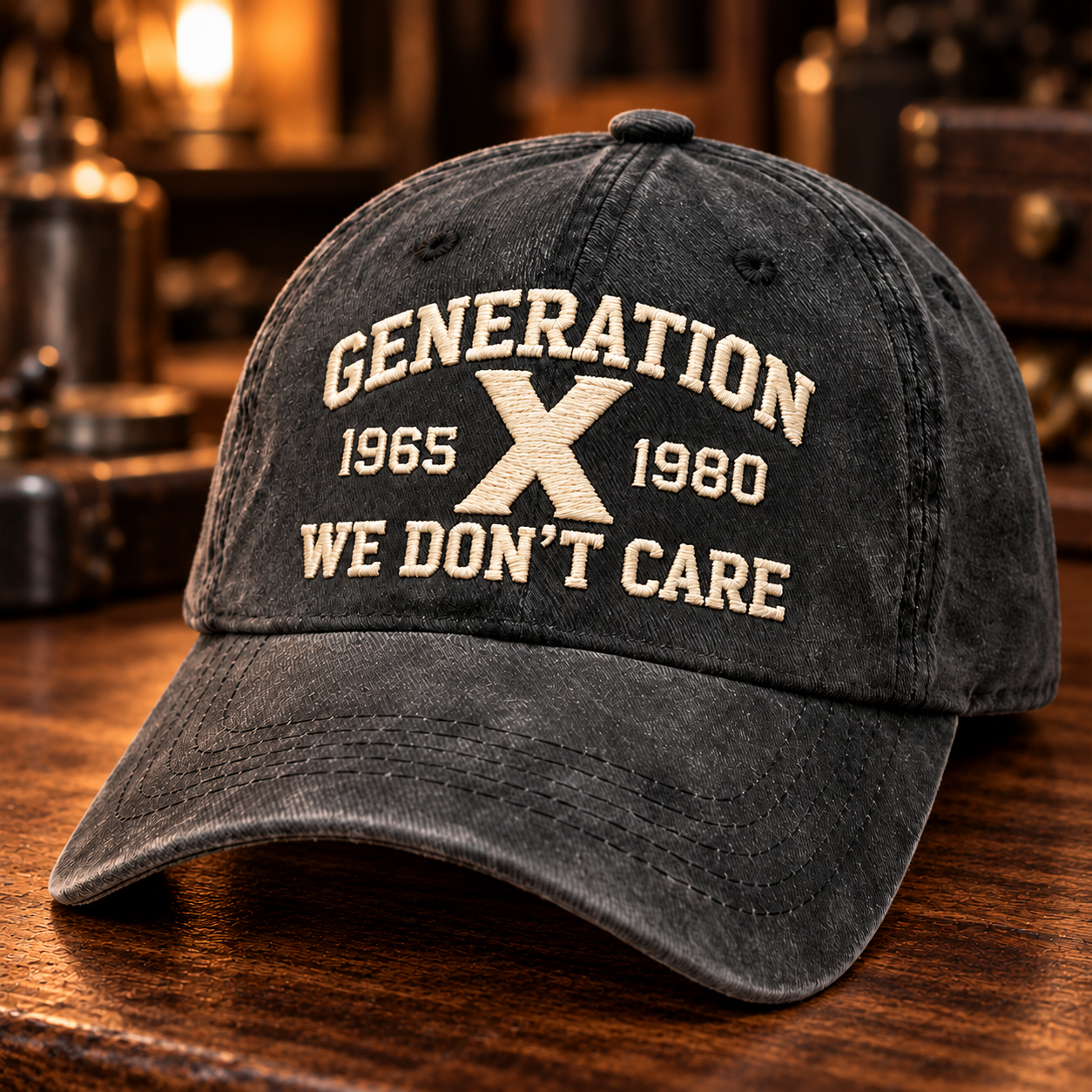 Washed black Generation X cap with cream lettering, central X, dates 1965 and 1980 and We Don&rsquo;t Care slogan