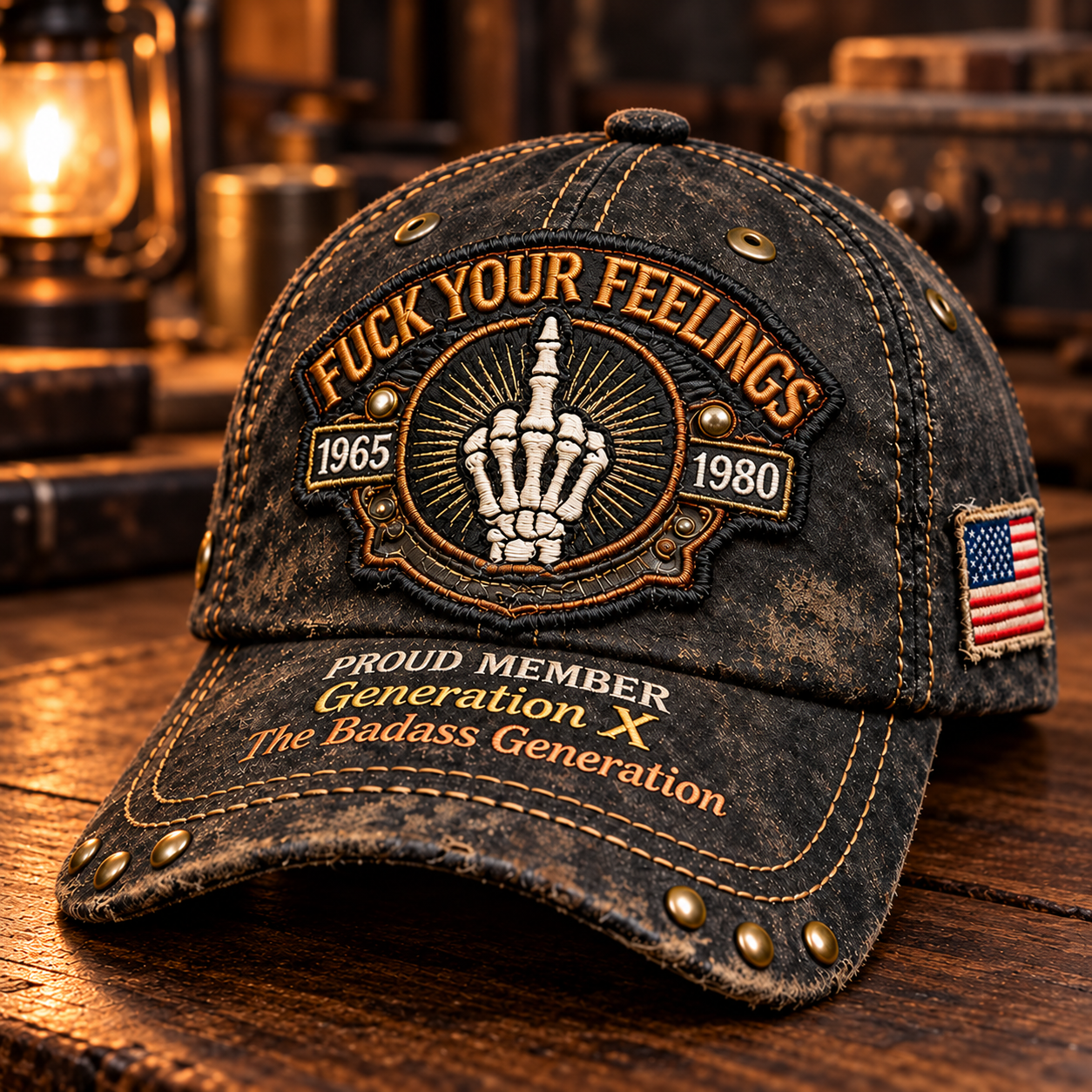 Weathered black Generation X cap with copper-tone front badge, skeletal hand motif, dates, flag side patch and brass-tone brim studs