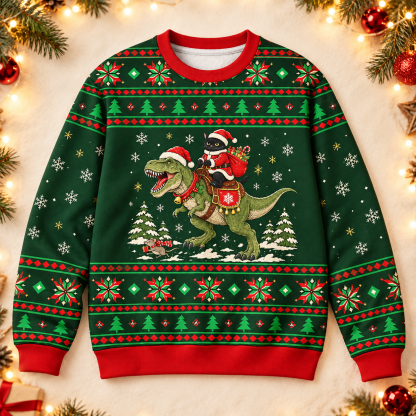 Black Cat Rides Dinosaur Fuzzy Christmas Ugly Sweatshirt