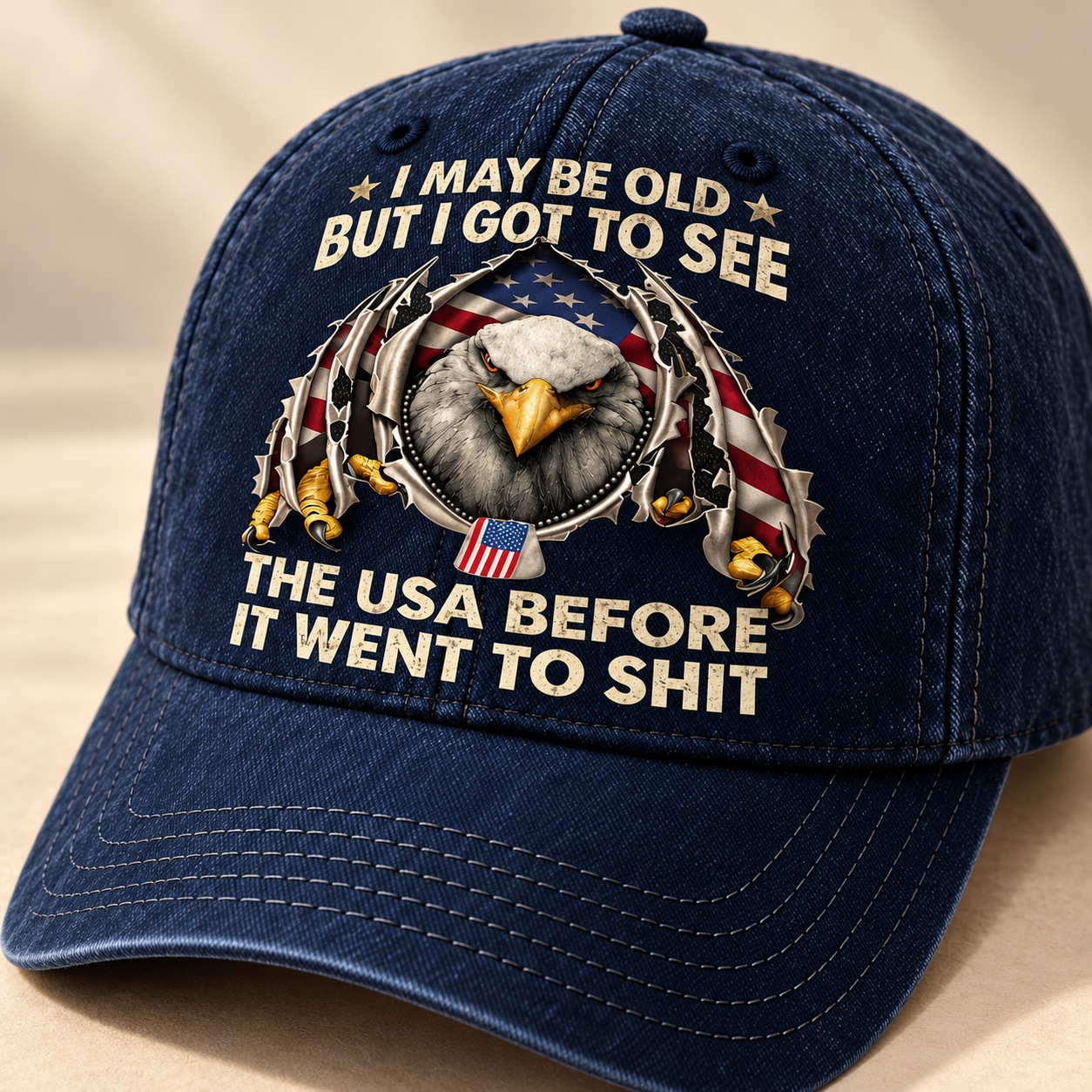 AI-styled navy cap close-up showing the front slogan and eagle print