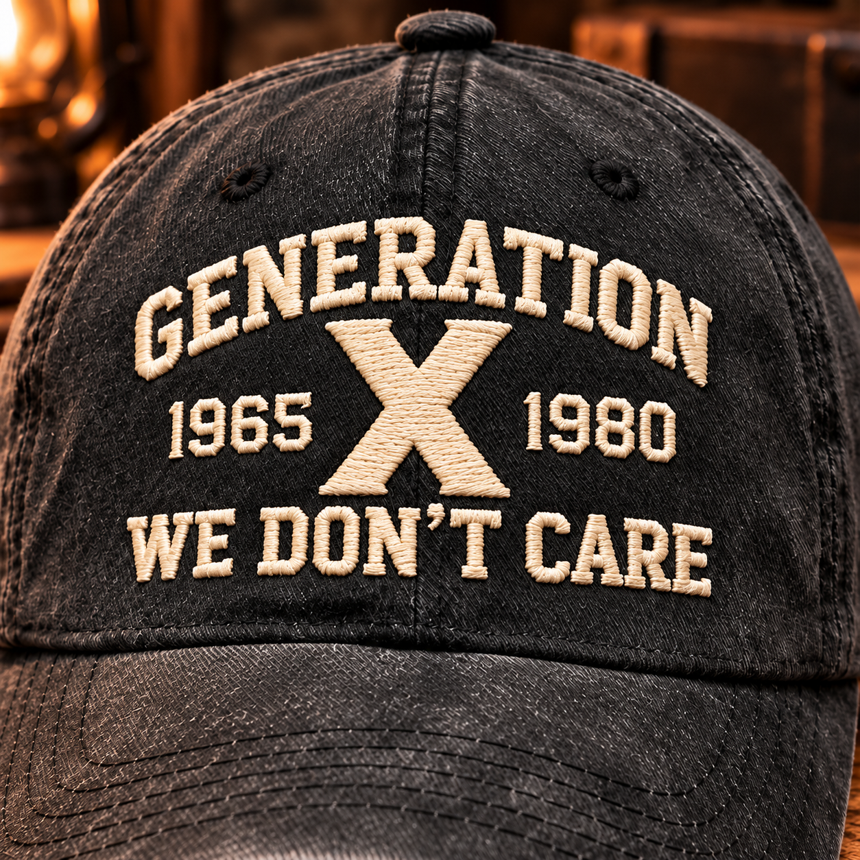 Close-up of cream Generation X embroidery, date numerals and We Don&rsquo;t Care lettering on washed-black fabric