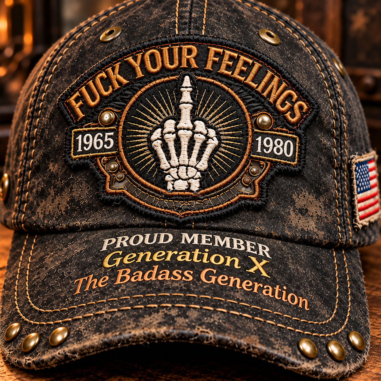 Close-up of ornate front badge, skeletal hand, date tabs, three-line brim wording and brass-tone studs