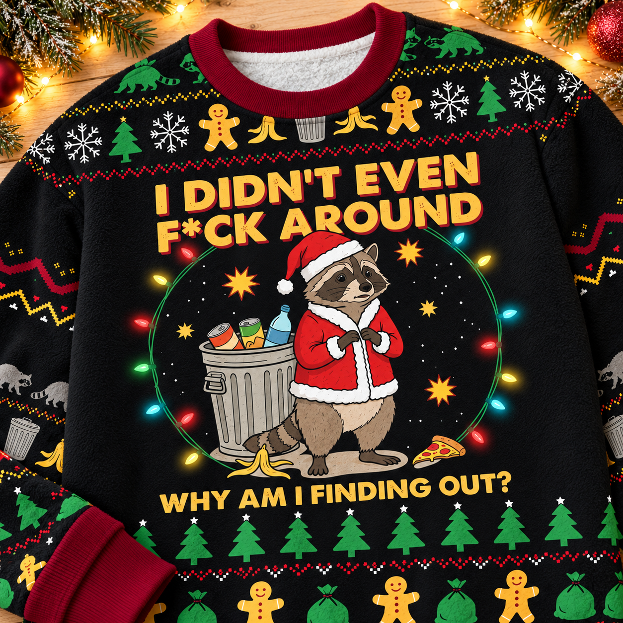 Close-up of the burgundy neckline, fuzzy black surface, gold lettering and Santa raccoon artwork