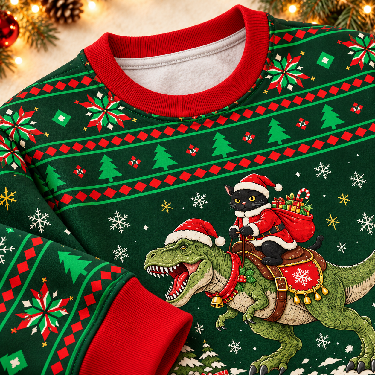 Close-up of the red ribbed neckline and festive cat and dinosaur artwork