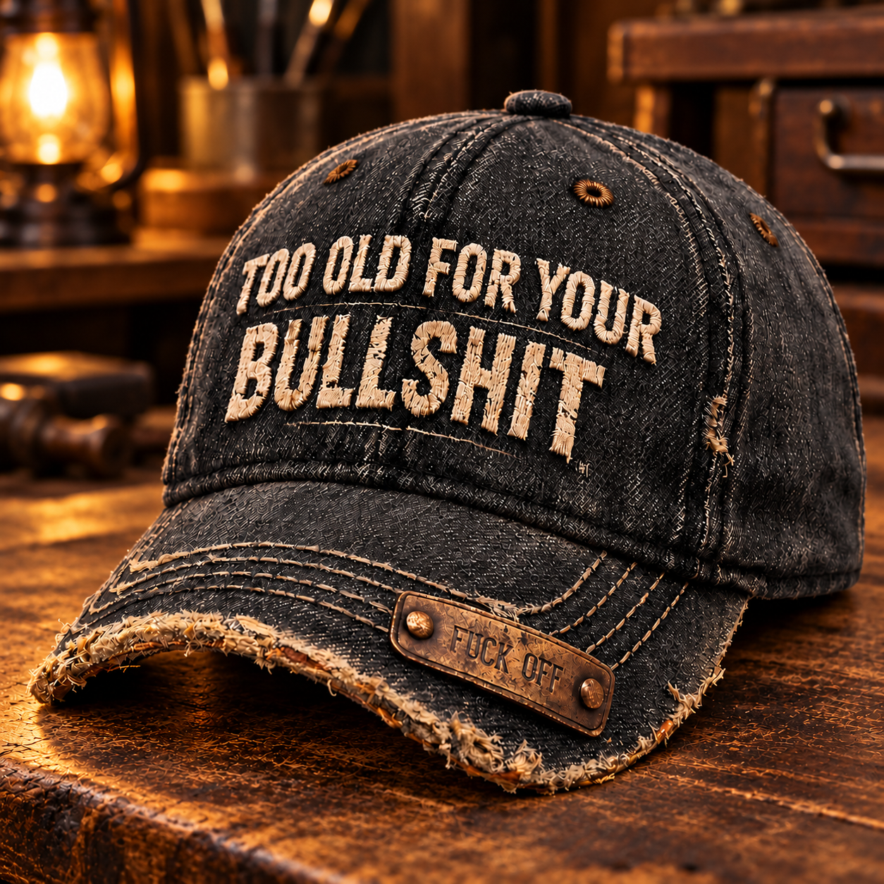 Deep black distressed cap with tan Too Old For Your BULLSHIT lettering and a copper-tone Fuck Off plaque on the brim