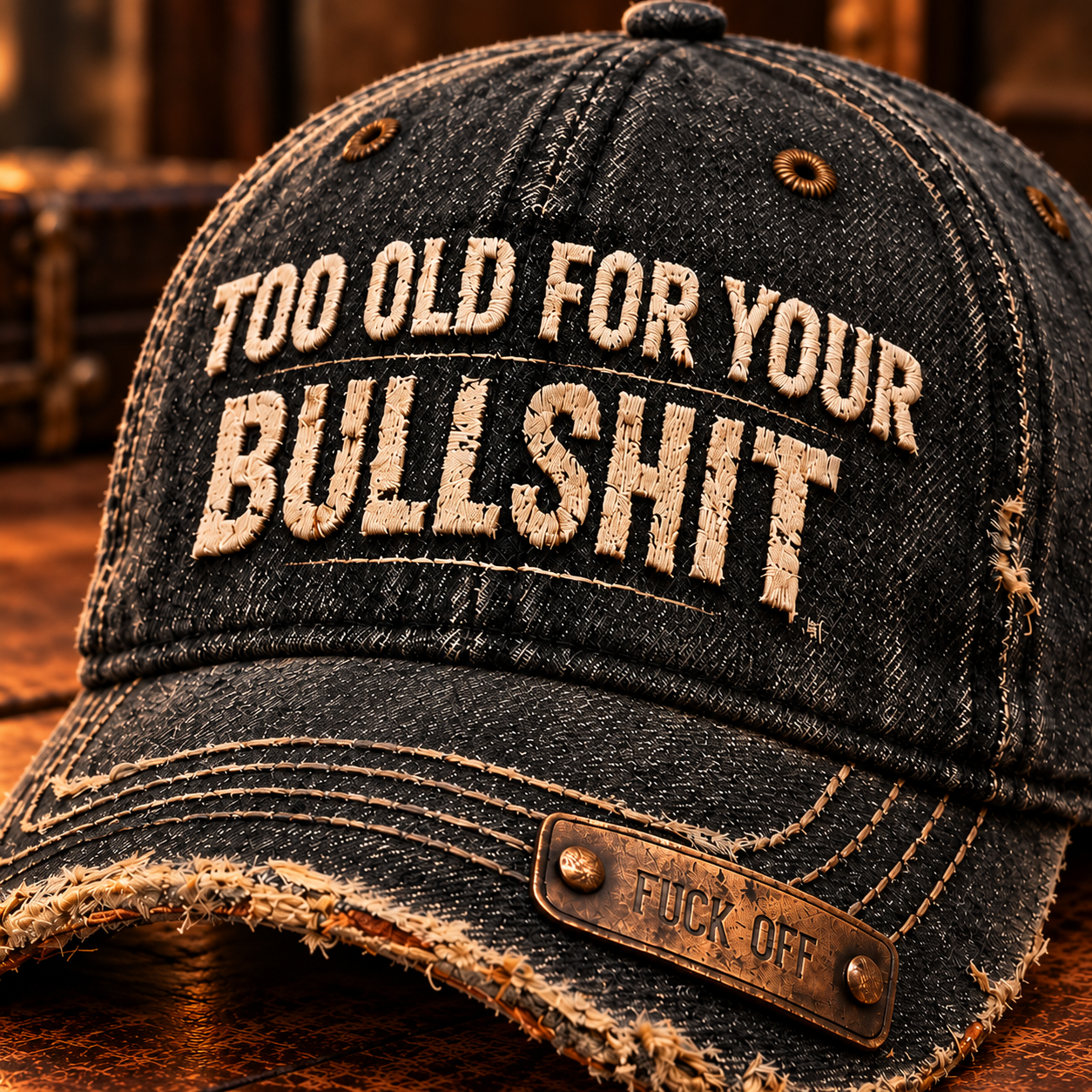 Close-up of tan front lettering, frayed brim, copper-tone Fuck Off plaque and two rivet details