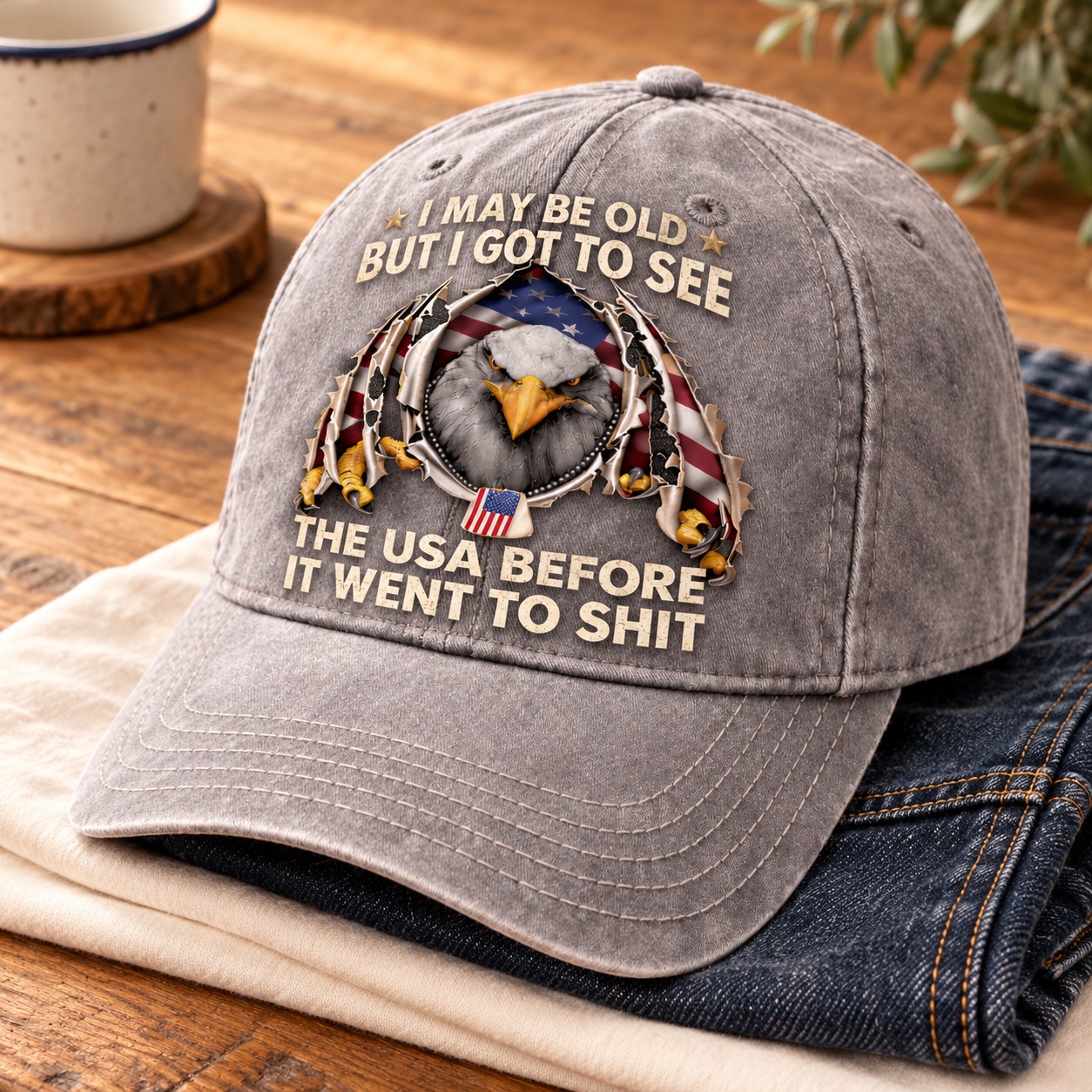 AI-styled grey cap paired with denim and an ivory tee