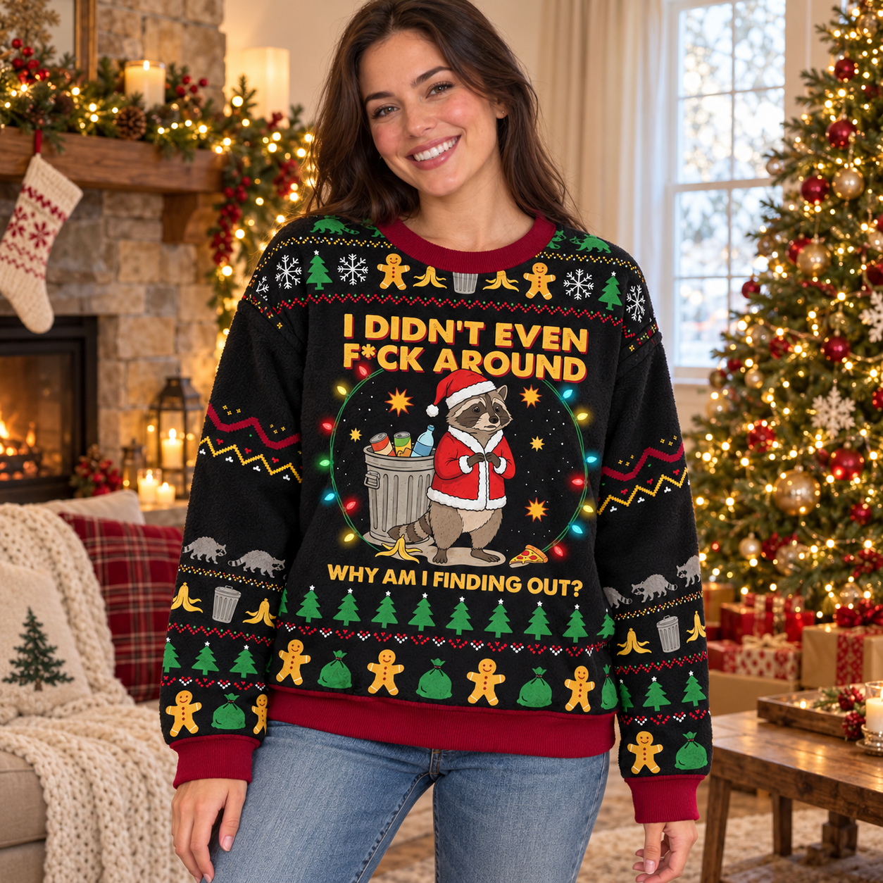 A woman styling the black Santa raccoon Christmas sweatshirt with jeans in a festive living room
