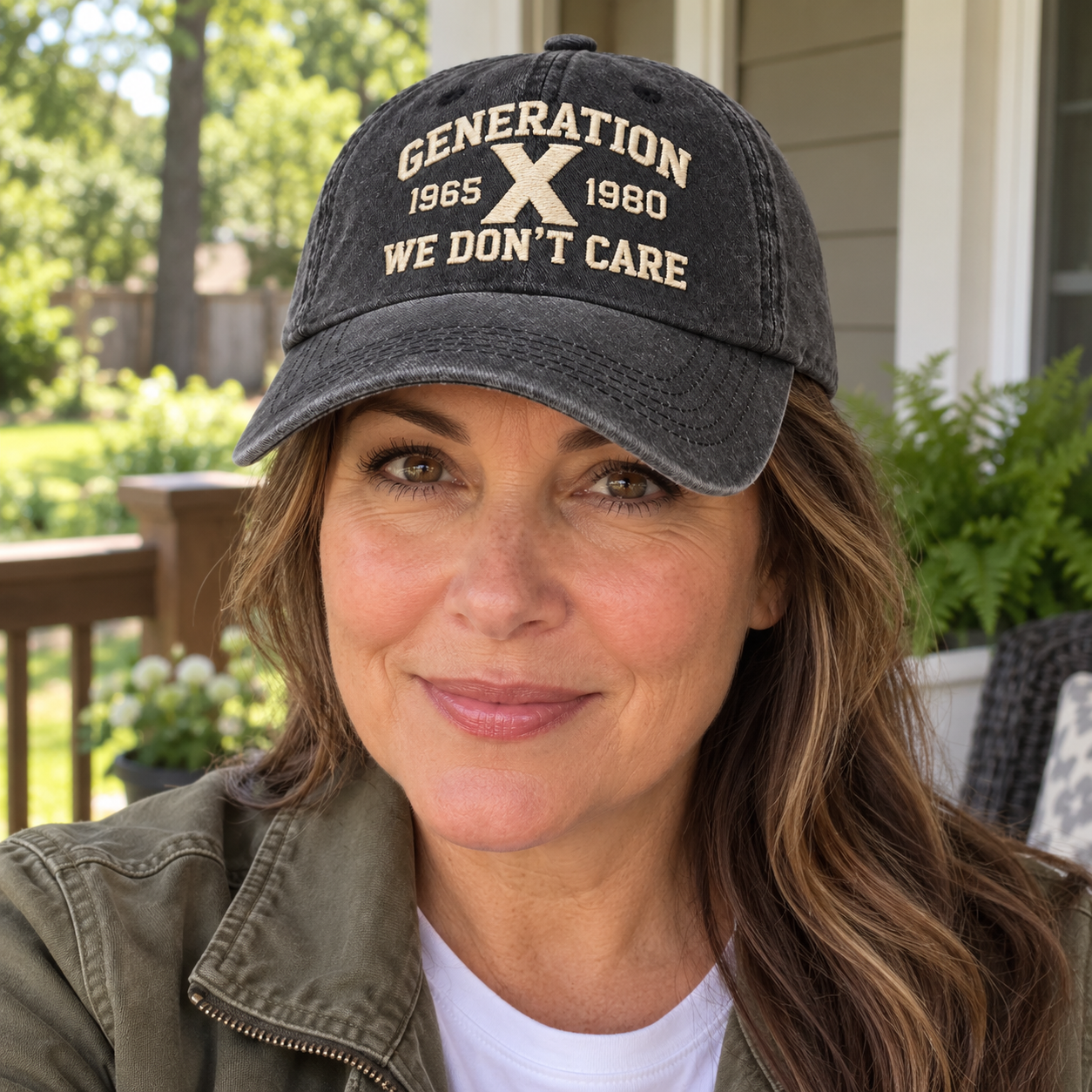 An adult woman wearing the washed-black Generation X cap with casual neutral layers outdoors