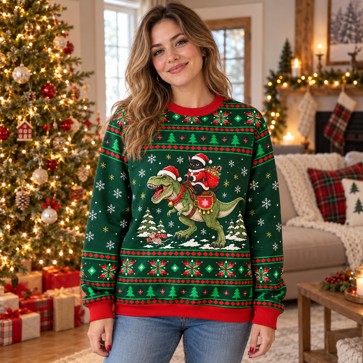 Black Cat Rides Dinosaur Fuzzy Christmas Ugly Sweatshirt