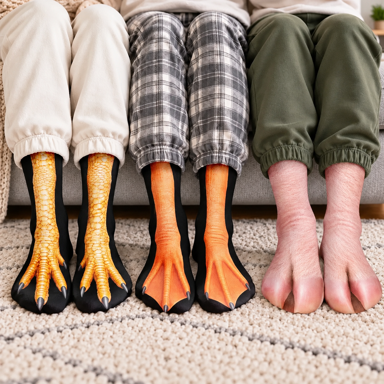 Three pairs of novelty socks showing golden chicken feet, orange webbed duck feet and pink pig hooves