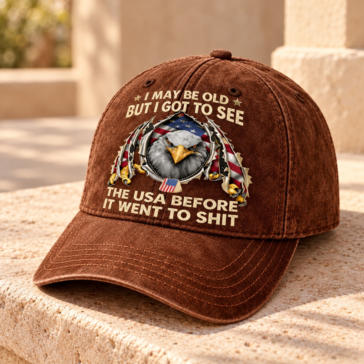 AI-styled brown cap displaying its crown and curved brim