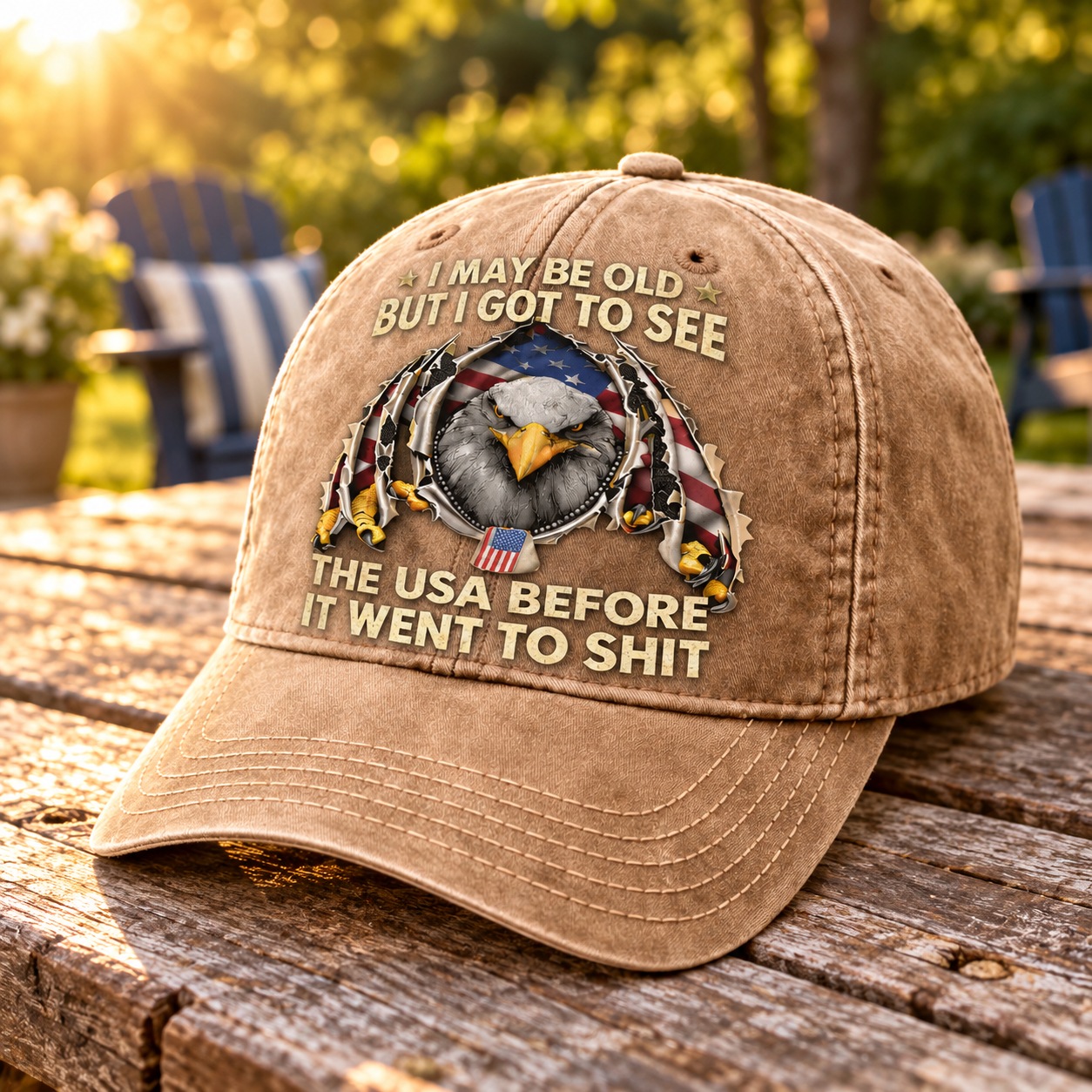 AI-styled khaki cap in an outdoor picnic-table setting