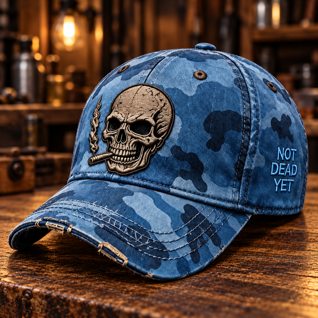 Blue camouflage Not Dead Yet baseball cap with tan skull and cigar graphic, side lettering and white curved-brim stitching