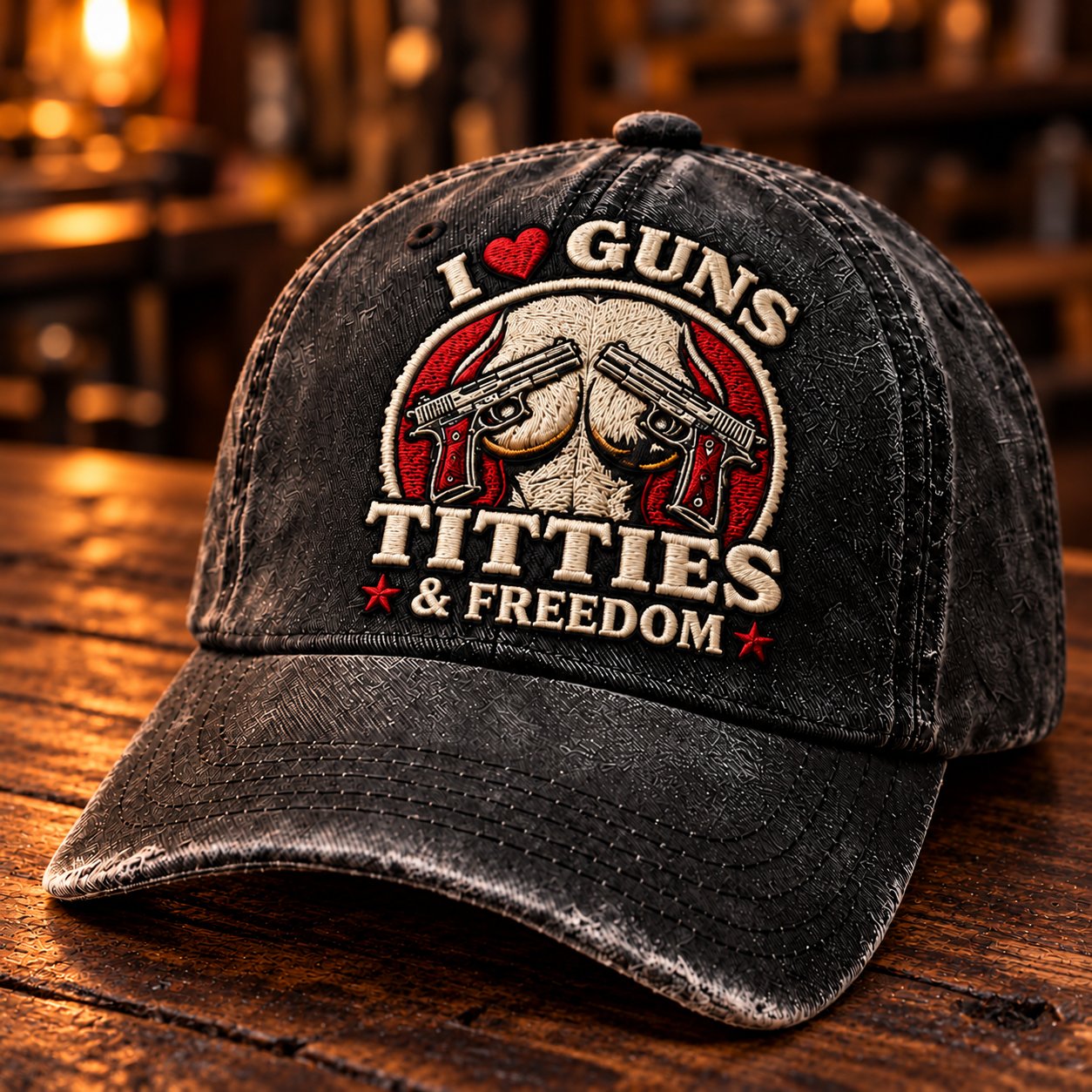 Washed black cap with I heart Guns, Titties and Freedom lettering and ivory-red decorative front artwork