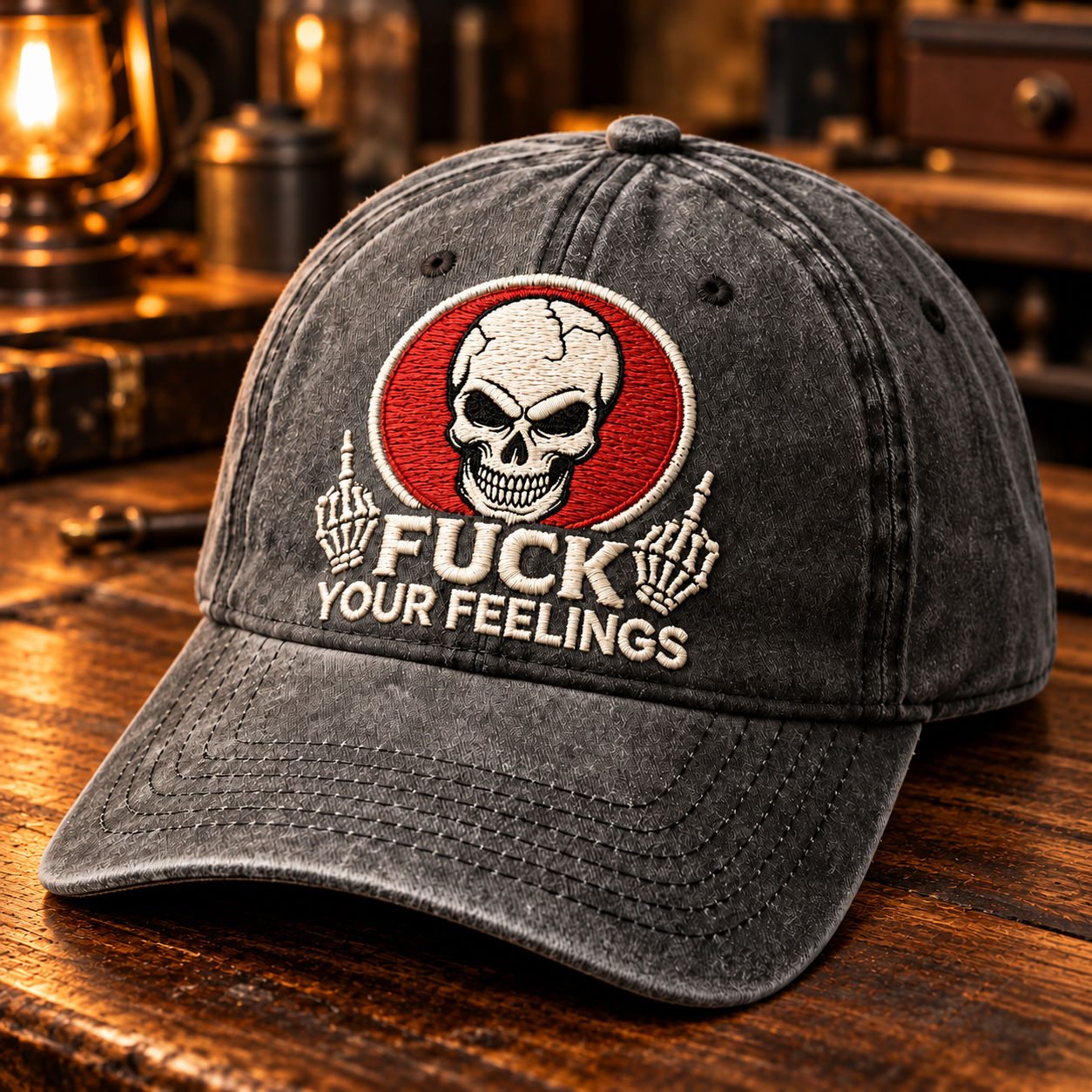 Washed charcoal Fuck Your Feelings cap with ivory skull, red circular background and skeletal hand motifs