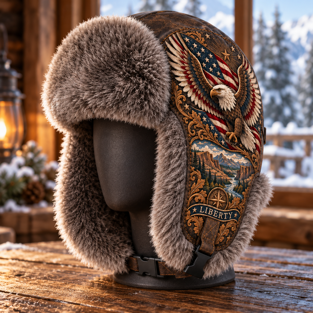 Wings of Liberty trapper hat with grey-brown plush trim, dark brown exterior, eagle and flag artwork, landscape panel and chin buckle