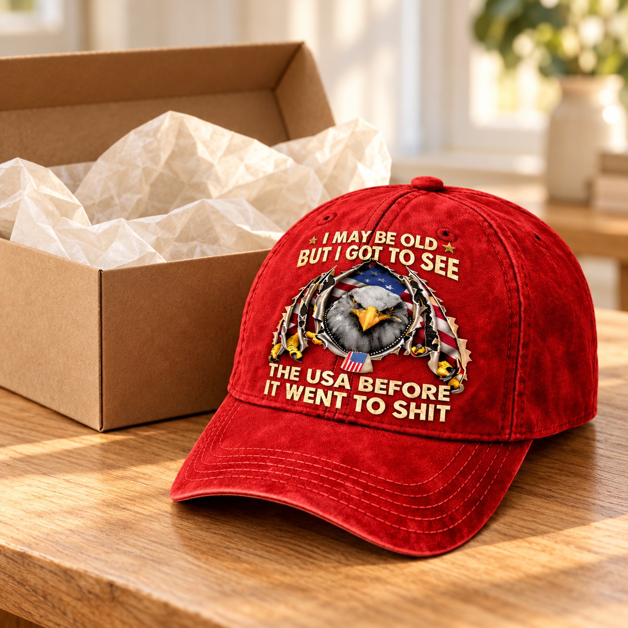 AI-styled red cap beside gift-styling props; props not included
