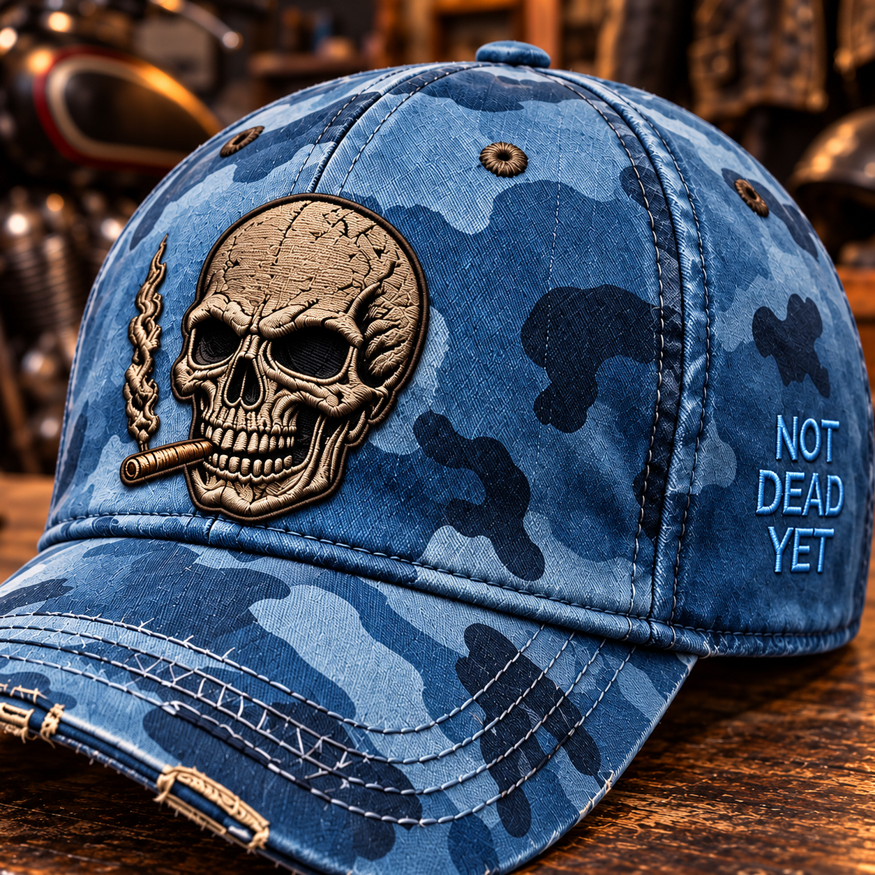 Close-up of the embroidery-inspired skull graphic, cigar and smoke, blue camouflage and Not Dead Yet side lettering