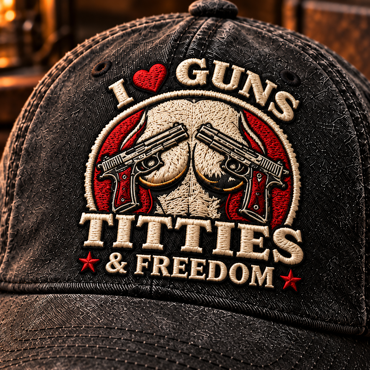Close-up of ivory lettering, red heart and stars, central decorative artwork and black cap fabric