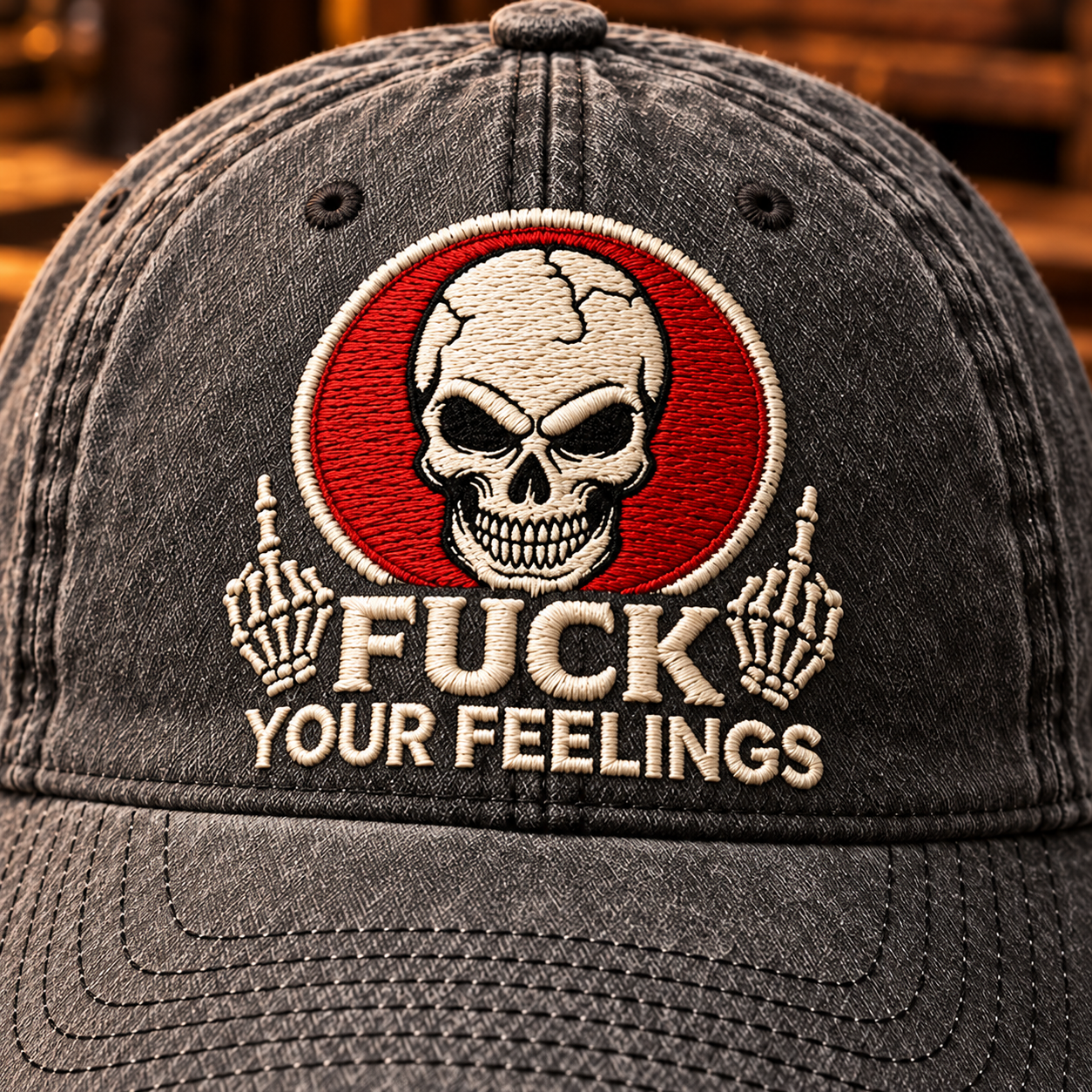 Close-up of skull embroidery, red circular field, skeletal hands and Fuck Your Feelings lettering